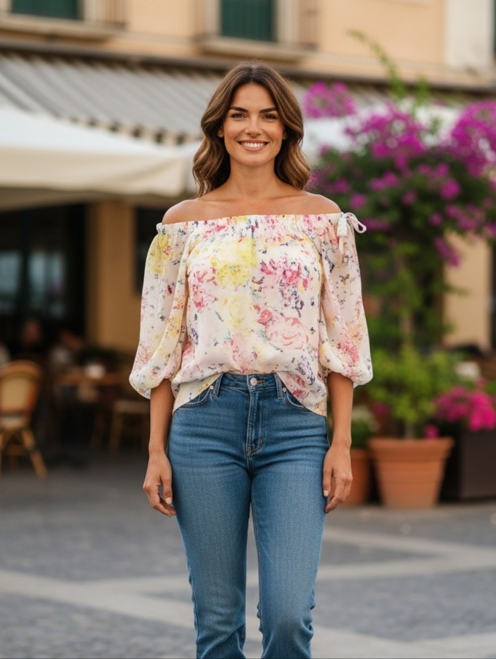 Cabi Floral Watercolor Peasant Blouse  XS